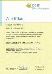 Zertifikat der DGSF zur Systemischen Beraterin